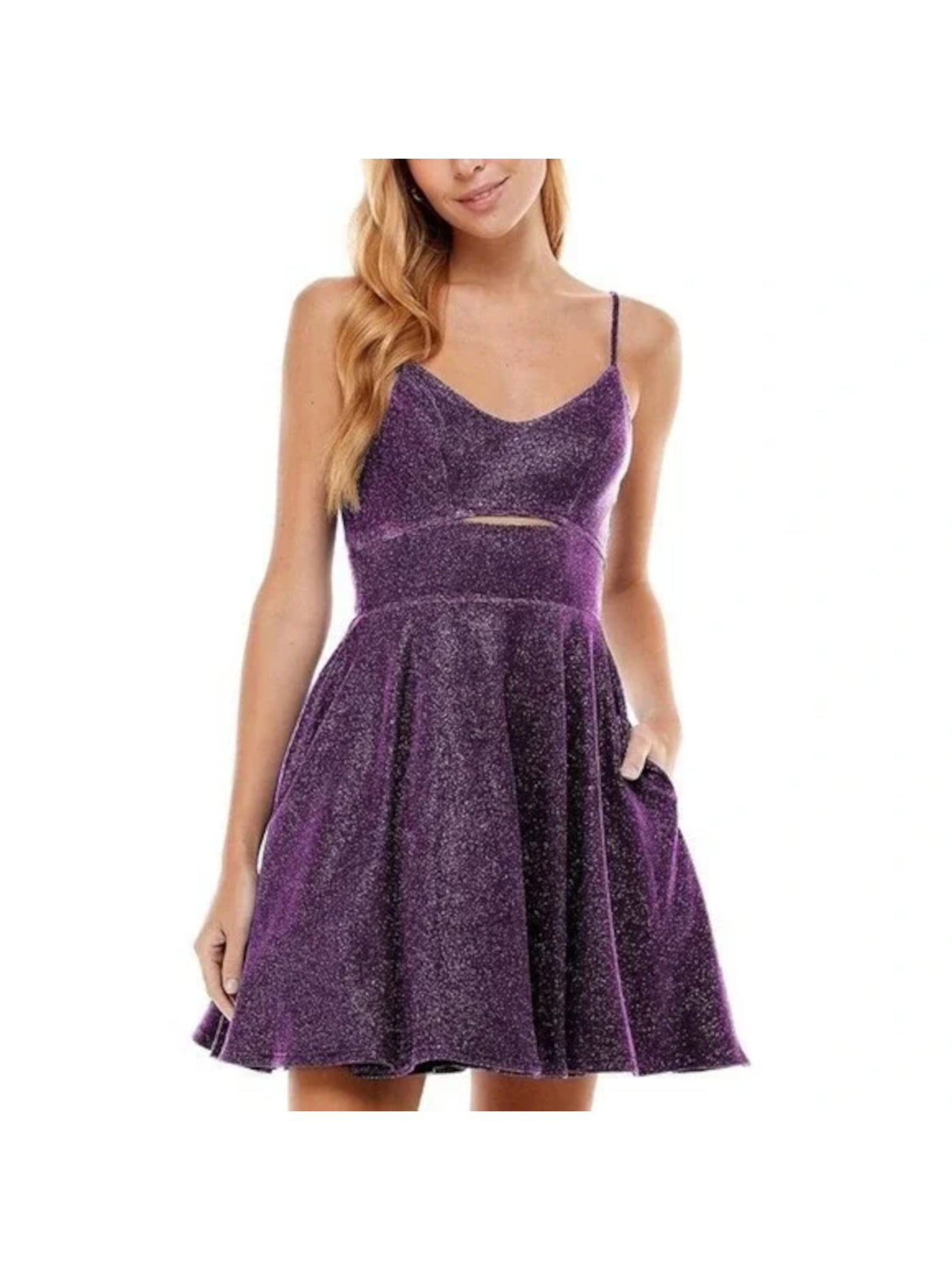 CITY STUDIO Womens Purple Metallic Zippered Lined Cut Out Spaghetti Strap Scoop Neck Short Party Fit + Flare Dress 1