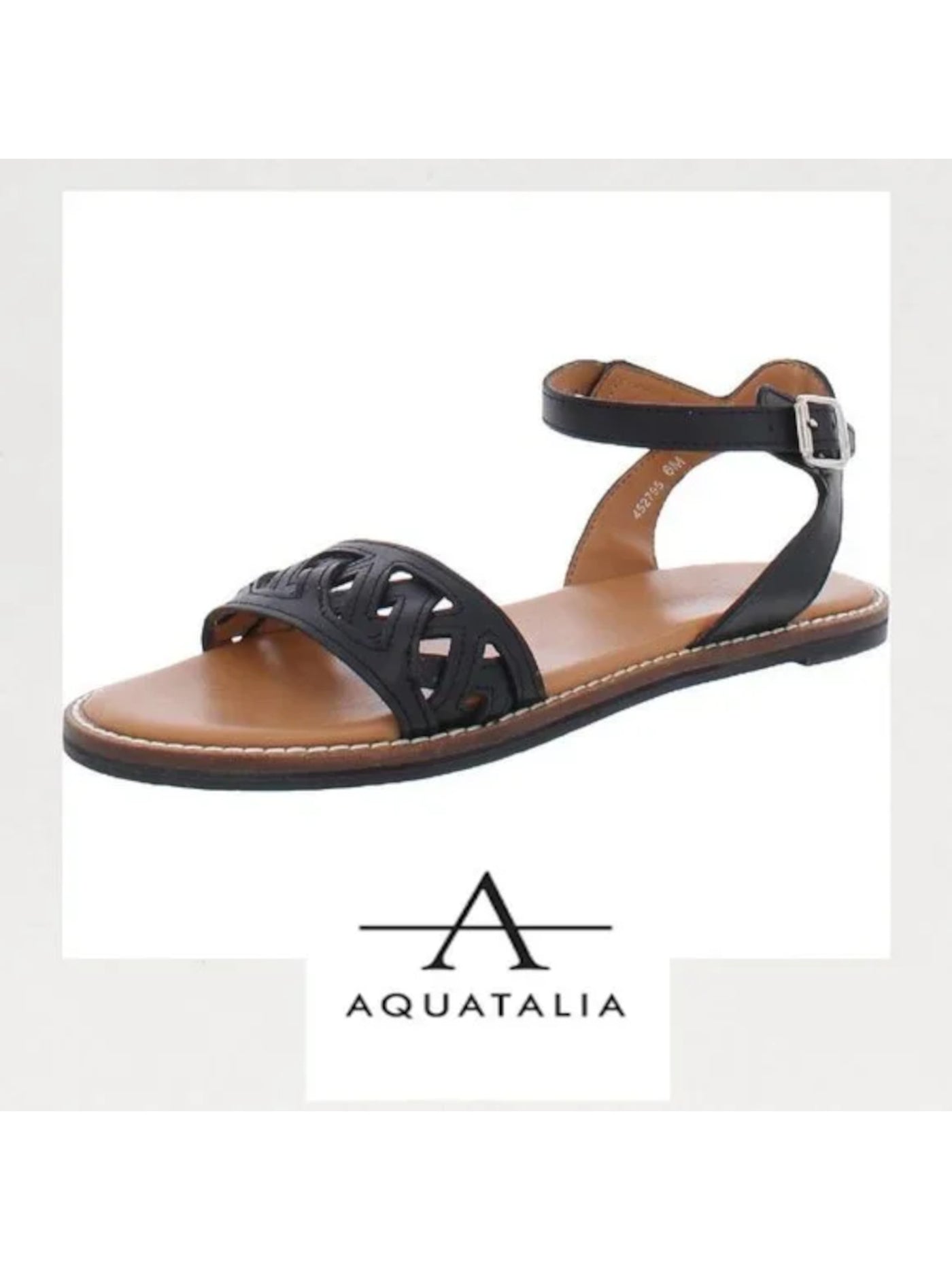 AQUATALIA Womens Black Padded Woven Ankle Strap Audry Round Toe Buckle Leather Slingback Sandal 8 M