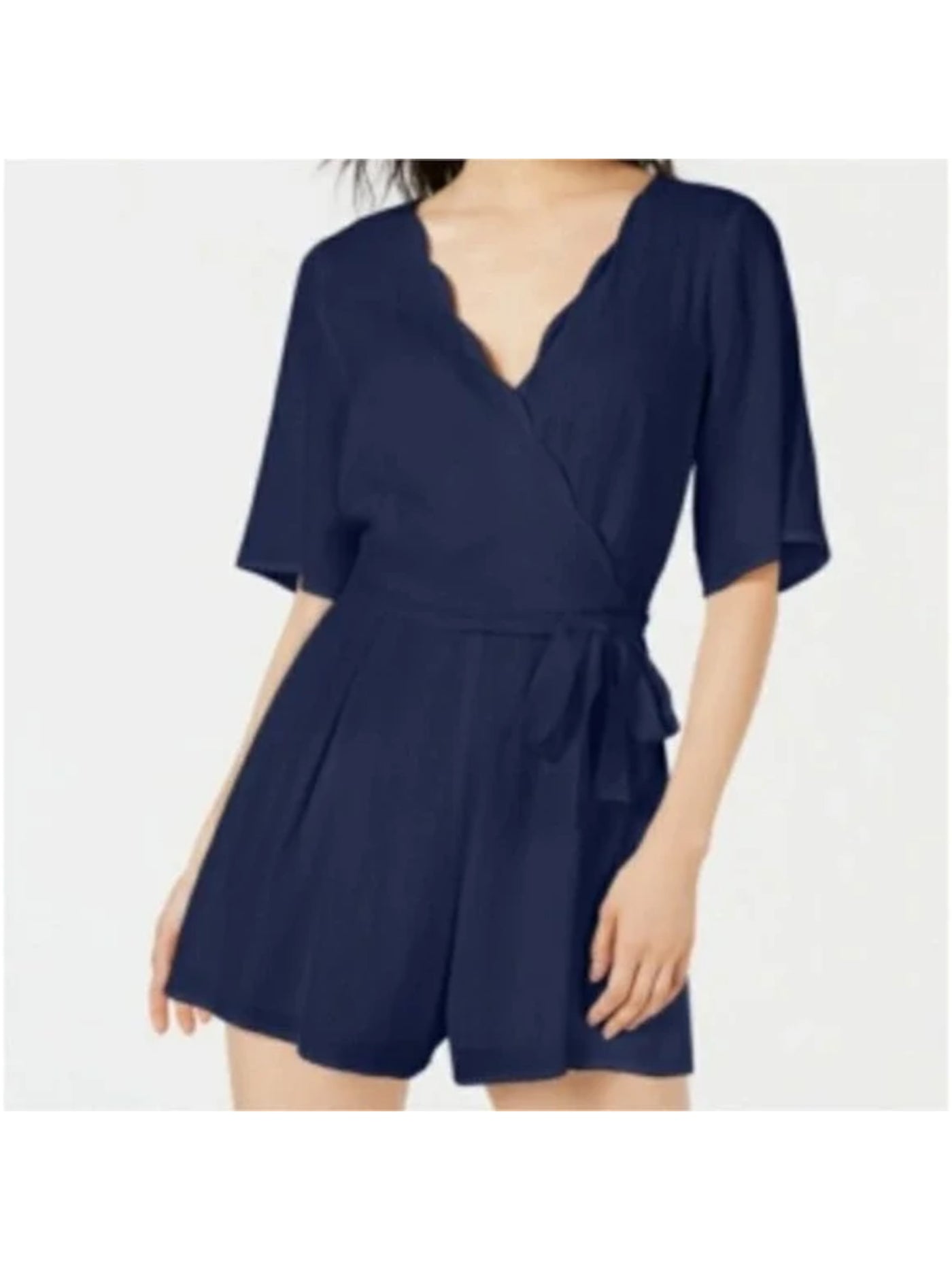 TRIXXI Womens Navy Tie Scalloped Belted Keyhole-back Elbow Sleeve Surplice Neckline Faux Wrap Shorts Romper XXL