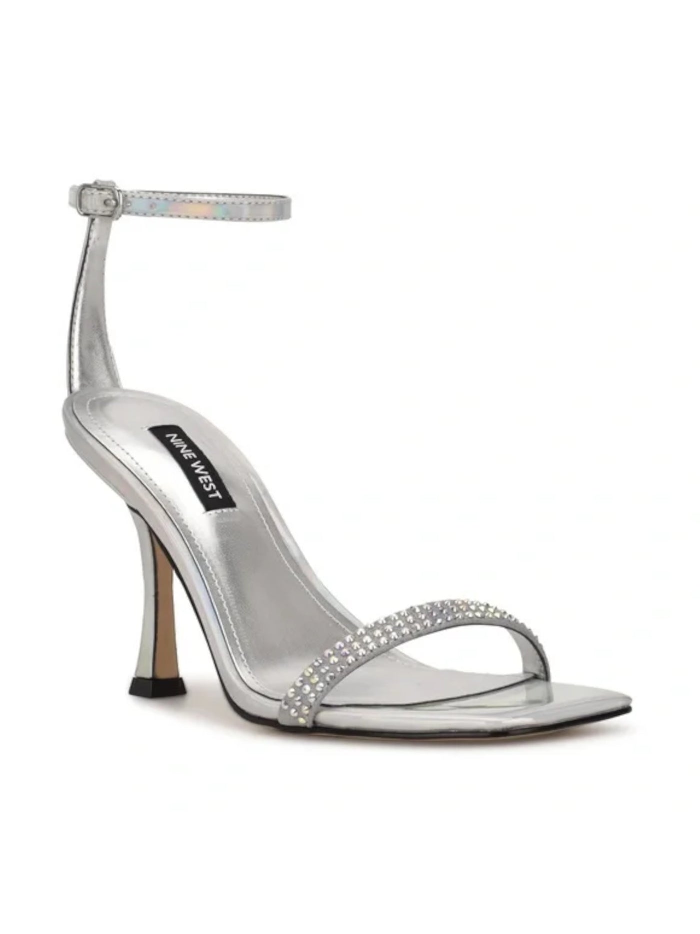 NINE WEST Womens Silver Ankle Strap Embellished Yess Open Toe Stiletto Buckle Dress Sandals 8.5 M