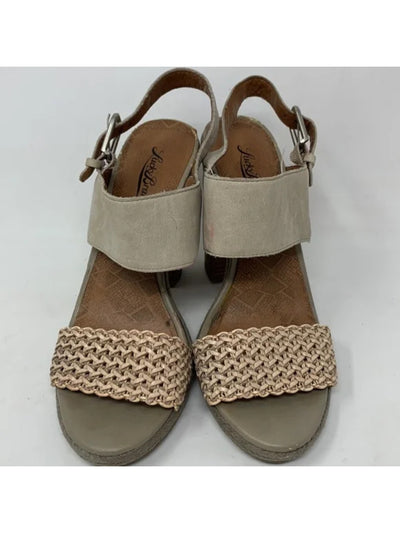 LUCKY BRAND Womens Gray Woven Padded Putnam Round Toe Block Heel Slip On Leather Slingback Sandal