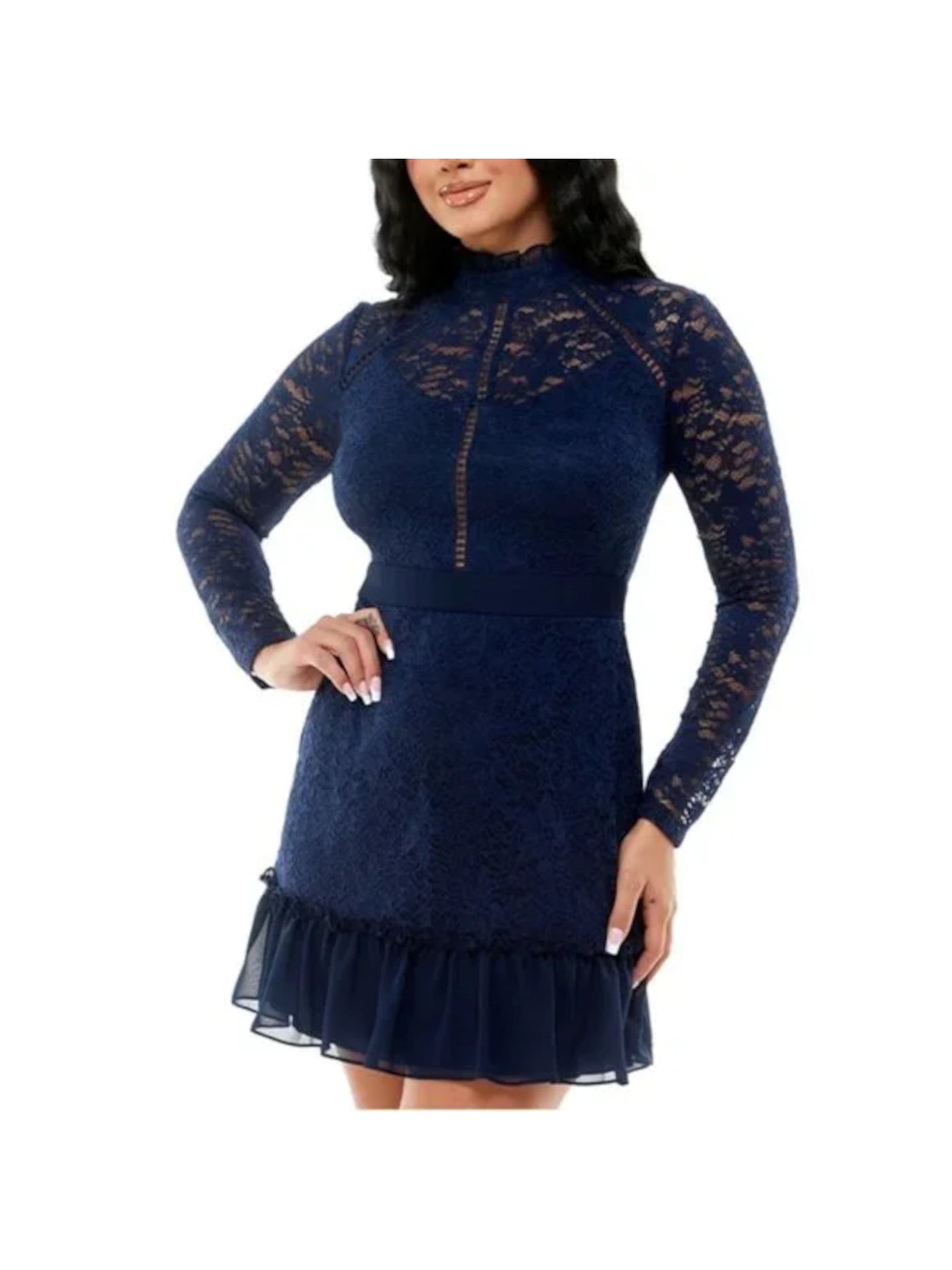 B DARLIN Womens Navy Stretch Lace Zippered Sheer Lined Floral Long Sleeve Mock Neck Mini Party Fit + Flare Dress 13\14