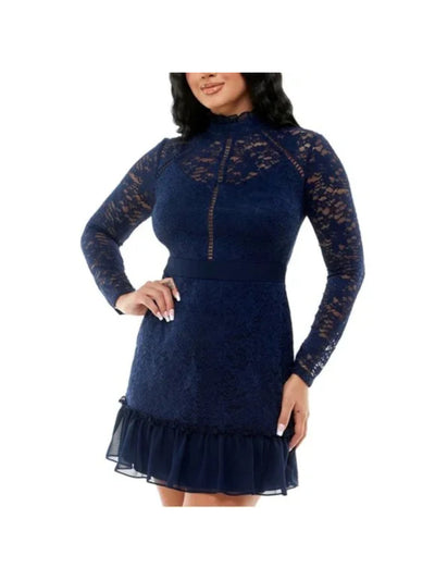 B DARLIN Womens Navy Stretch Lace Zippered Sheer Lined Floral Long Sleeve Mock Neck Mini Party Fit + Flare Dress 15\16