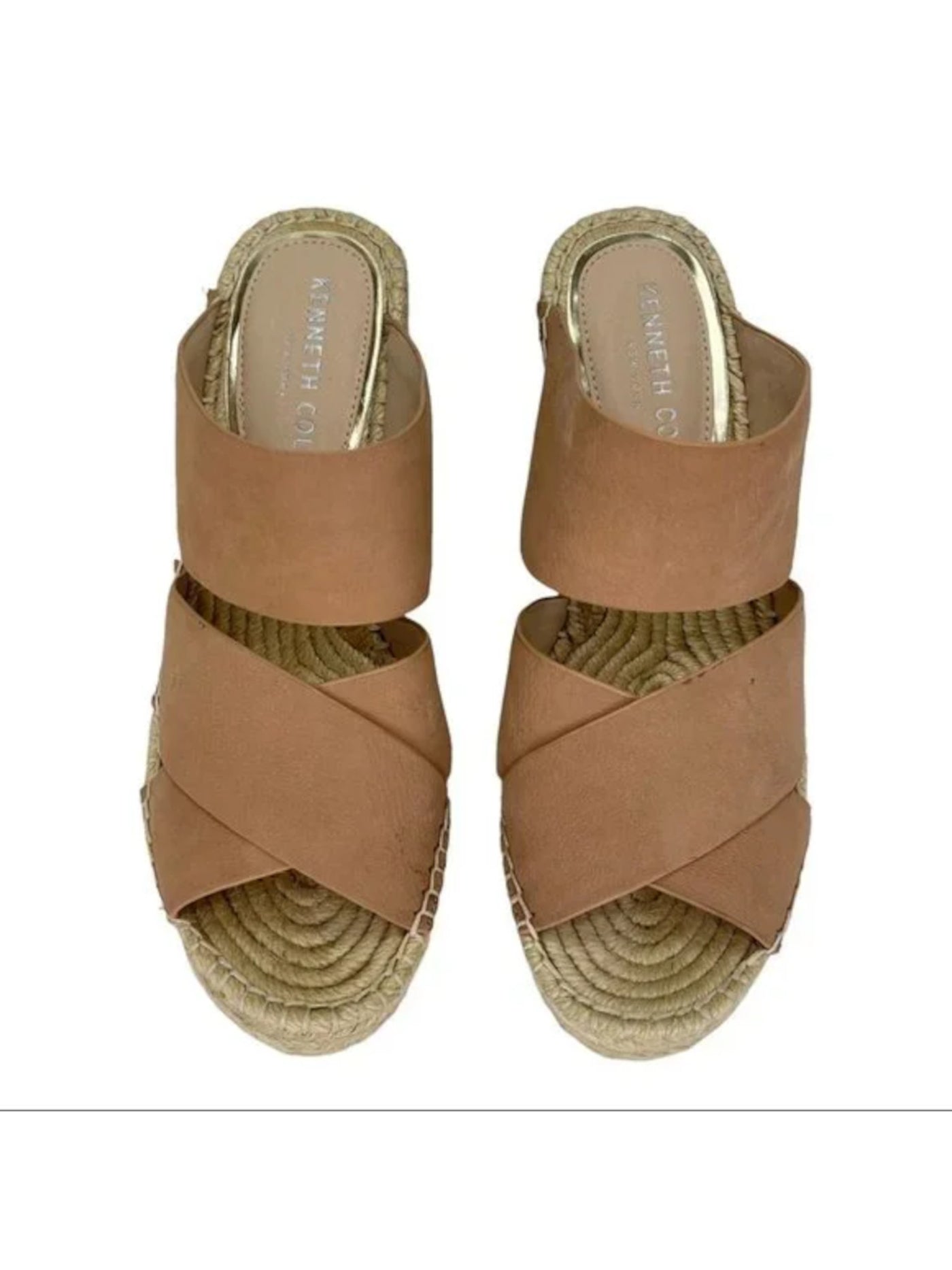 KENNETH COLE NEW YORK Womens Beige Crisscross Straps 1" Platform Cushioned Olivia Round Toe Wedge Slip On Leather Dress Espadrille Shoes 7