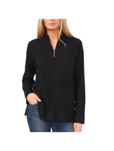 VINCE CAMUTO Womens Black Ribbed Quarter Zip Split Hem Long Sleeve Mock Neck Sweater S