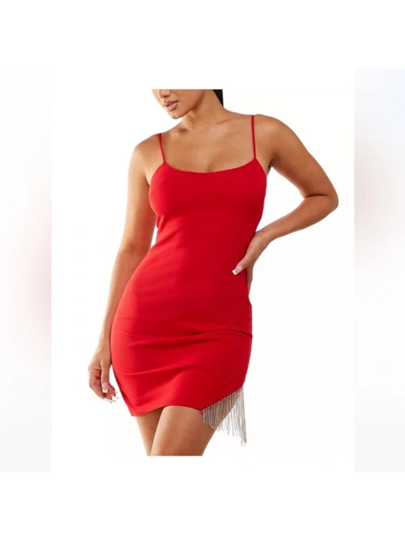 CITY STUDIO Womens Red Fringed Zippered Lined Slip-style Spaghetti Strap Square Neck Mini Party Body Con Dress 15