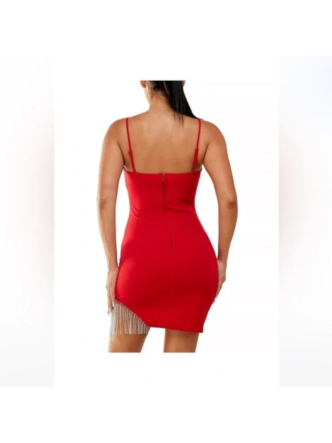 CITY STUDIO Womens Red Fringed Zippered Lined Slip-style Spaghetti Strap Square Neck Mini Party Body Con Dress 15