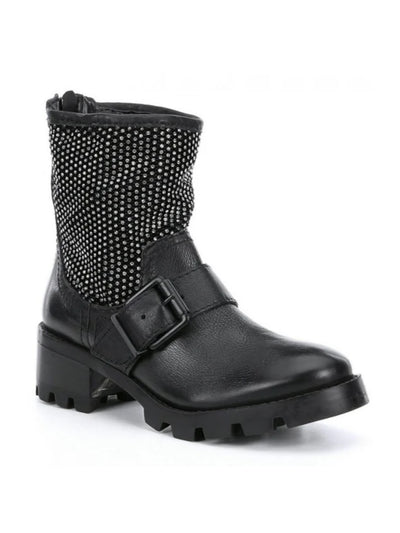 SCHUTZ Womens Black Lug Sole Buckle Accent Rhinestone Galena Round Toe Block Heel Zip-Up Combat Boots 7 B