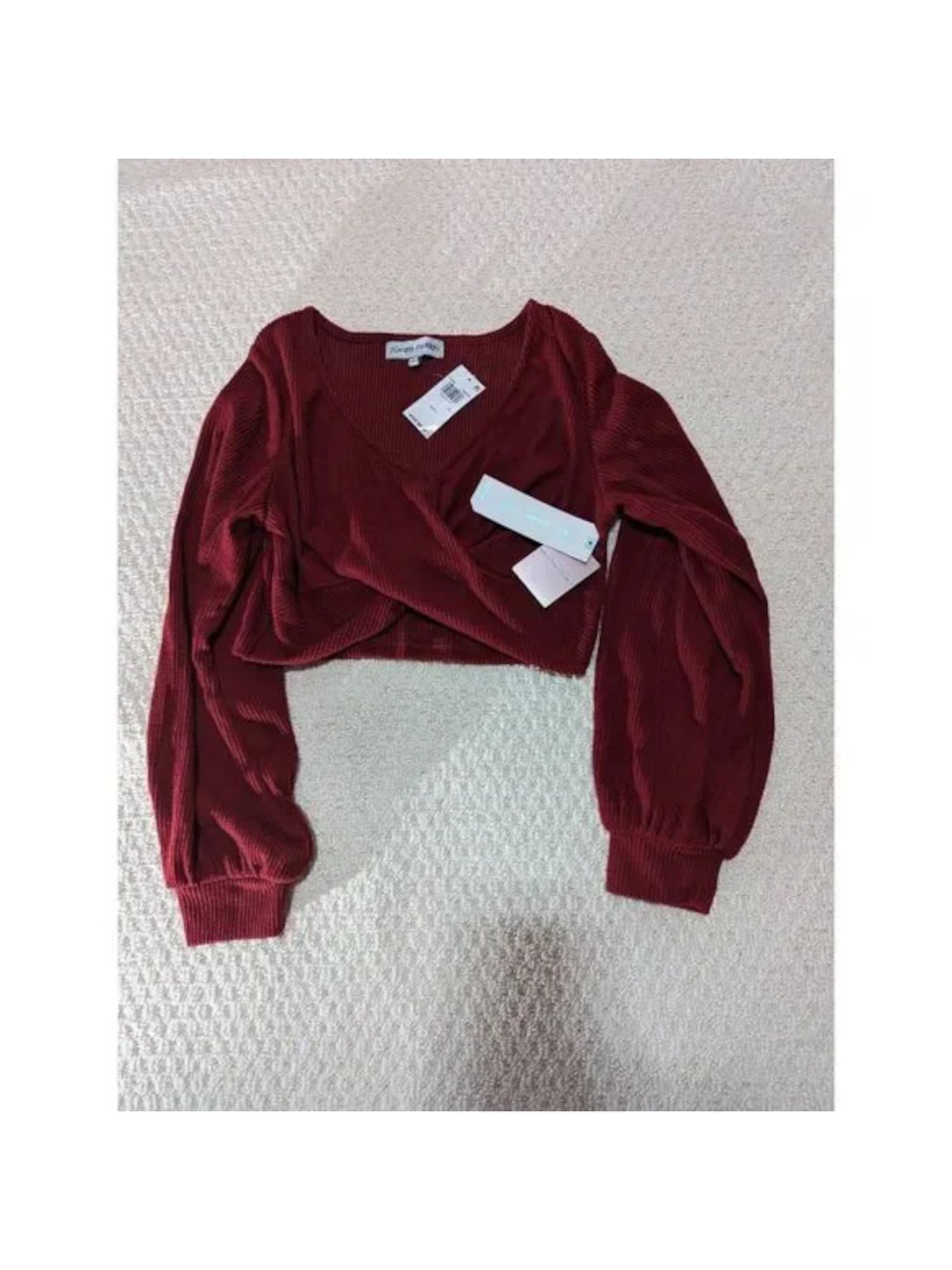 ALMOST FAMOUS Womens Burgundy Ribbed Twist Front Sheer Balloon Sleeve V Neck Crop Top Sweater Juniors XL