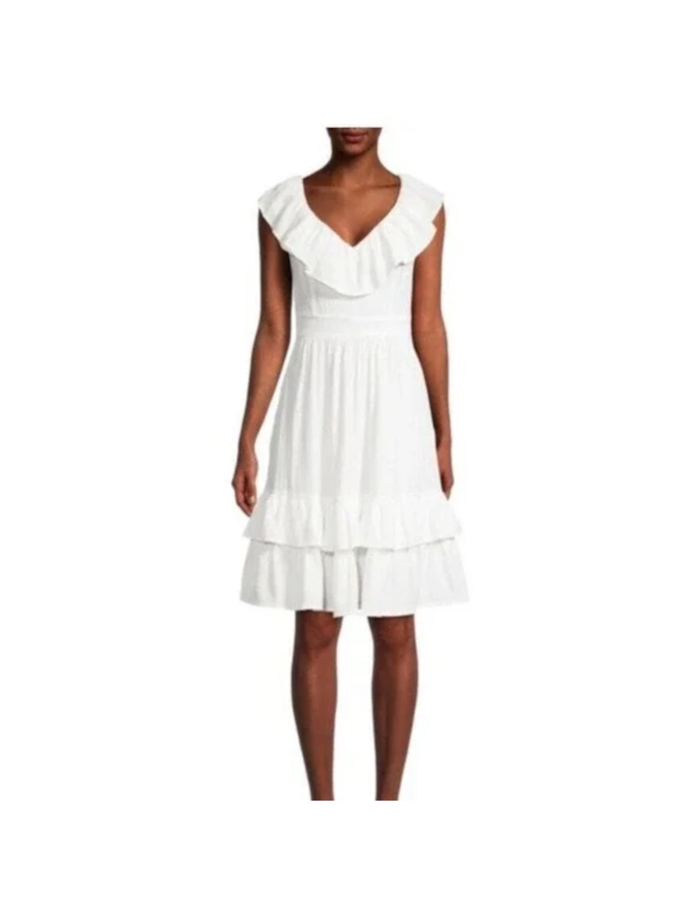 CALVIN KLEIN Womens White Zippered Ruffled V-back Banded Waist Layered Flutter Sleeve V Neck Above The Knee Fit + Flare Dress 8