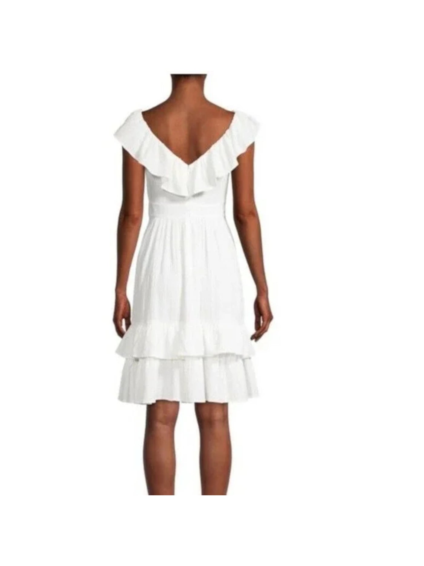 CALVIN KLEIN Womens White Zippered Ruffled V-back Banded Waist Layered Flutter Sleeve V Neck Above The Knee Fit + Flare Dress 14