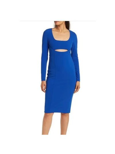 RACHEL RACHEL ROY Womens Blue Zippered Cut Out Lined Long Sleeve Scoop Neck Midi Party Sheath Dress L