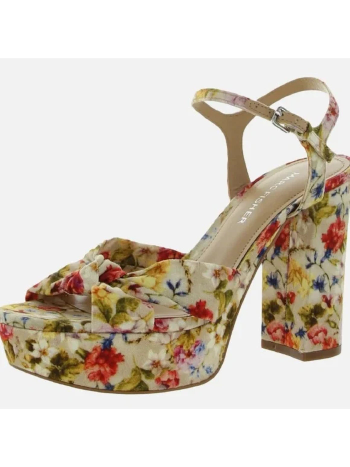 MARC FISHER Womens Beige Floral Adjustable Ankle Strap Deren Open Toe Block Heel Buckle Dress Heeled Sandal 8.5 M