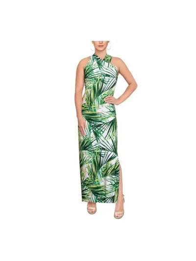 RACHEL RACHEL ROY Womens White Zippered Pleated Crossover Slit Back Lined Printed Sleeveless Halter Maxi Cocktail Sheath Dress S