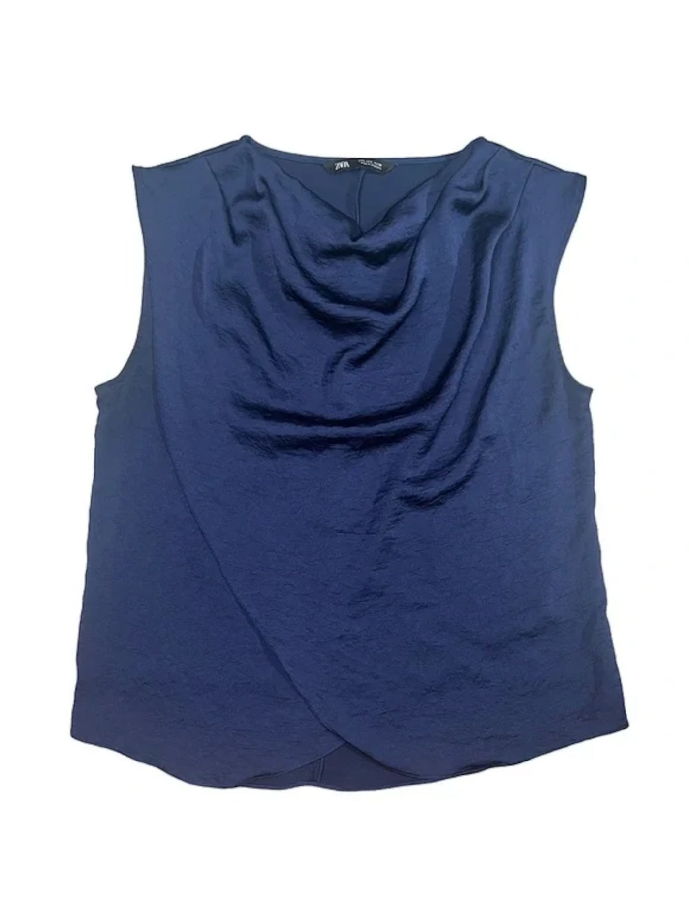 ZARA Womens Navy Pleated Draped Front Curved Hem Sleeveless Cowl Neck Wear To Work Top XS