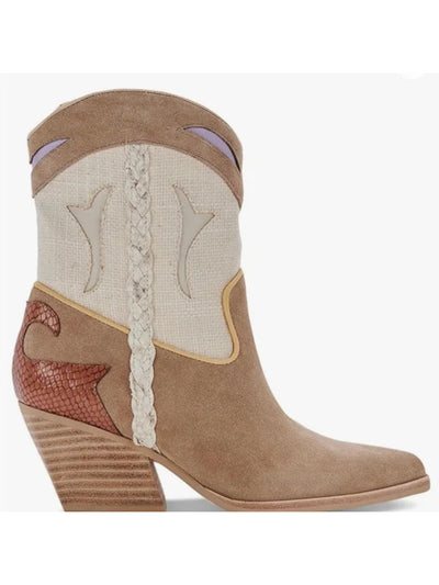 DOLCE VITA Womens Beige Colorblocked Stripe Padded Loral Pointed Toe Stacked Heel Leather Dress Western Boot 11 M