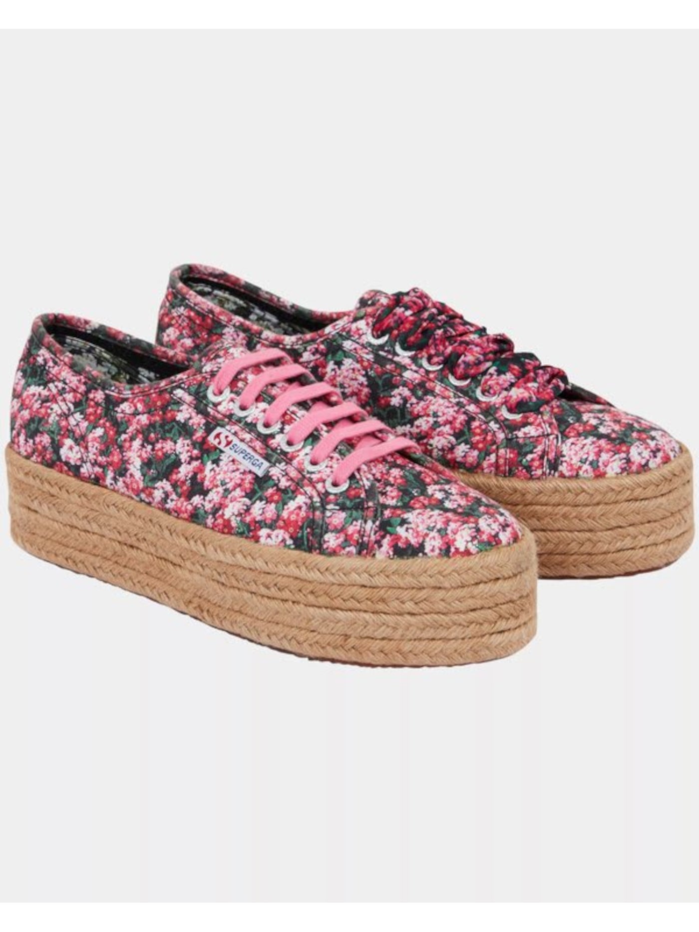 SUPERGA Womens Pink Floral Design Flatform Woven Limited Edition Mary Katrantzou Almond Toe Lace-Up Espadrille Shoes 9