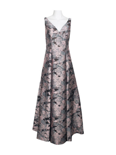 AIDAN MATTOX Womens Pink Printed Sleeveless V Neck Full-Length Evening Fit + Flare Dress 2