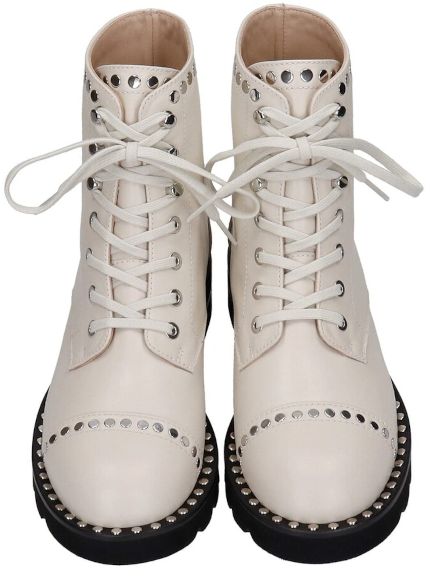 STUART WEITZMAN Womens Ivory Studded Treaded Mila Round Toe Block Heel Lace-Up Leather Combat Boots 7.5 B