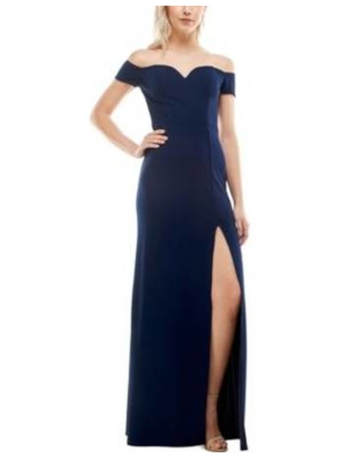 B DARLIN Womens Navy Slitted Zippered Short Sleeve Off Shoulder Full-Length Formal Sheath Dress 0