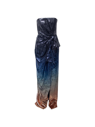 MARY KATRANTZOU Womens Blue Sequined Lined Bow Accent Slitted Zippered Ombre Sleeveless Strapless Full-Length Evening Fit + Flare Dress 4