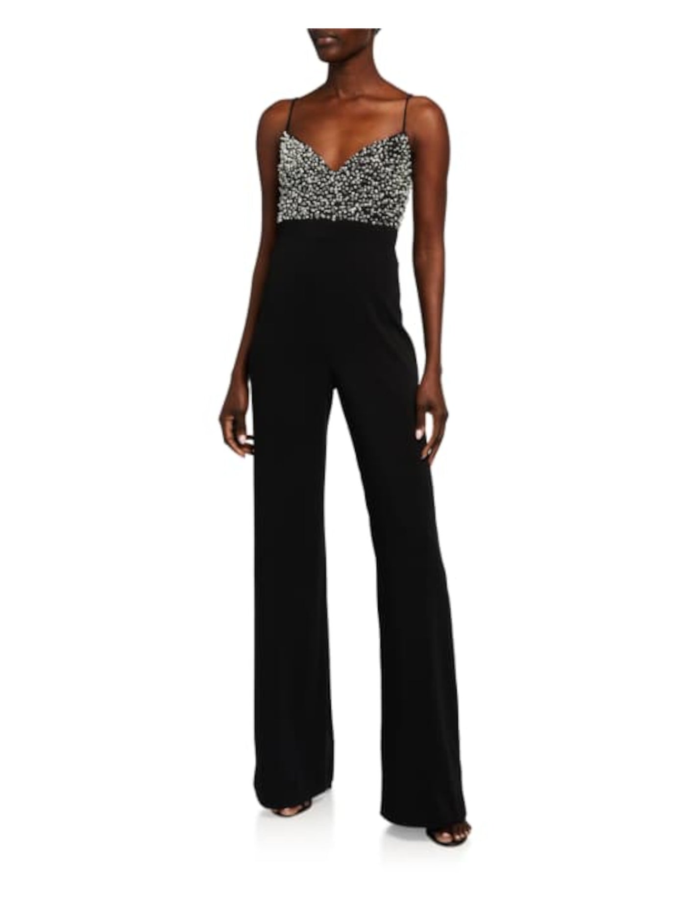 JAY GODFREY Womens Black Beaded Sequined Spaghetti Strap V Neck Evening Wide Leg Jumpsuit 10