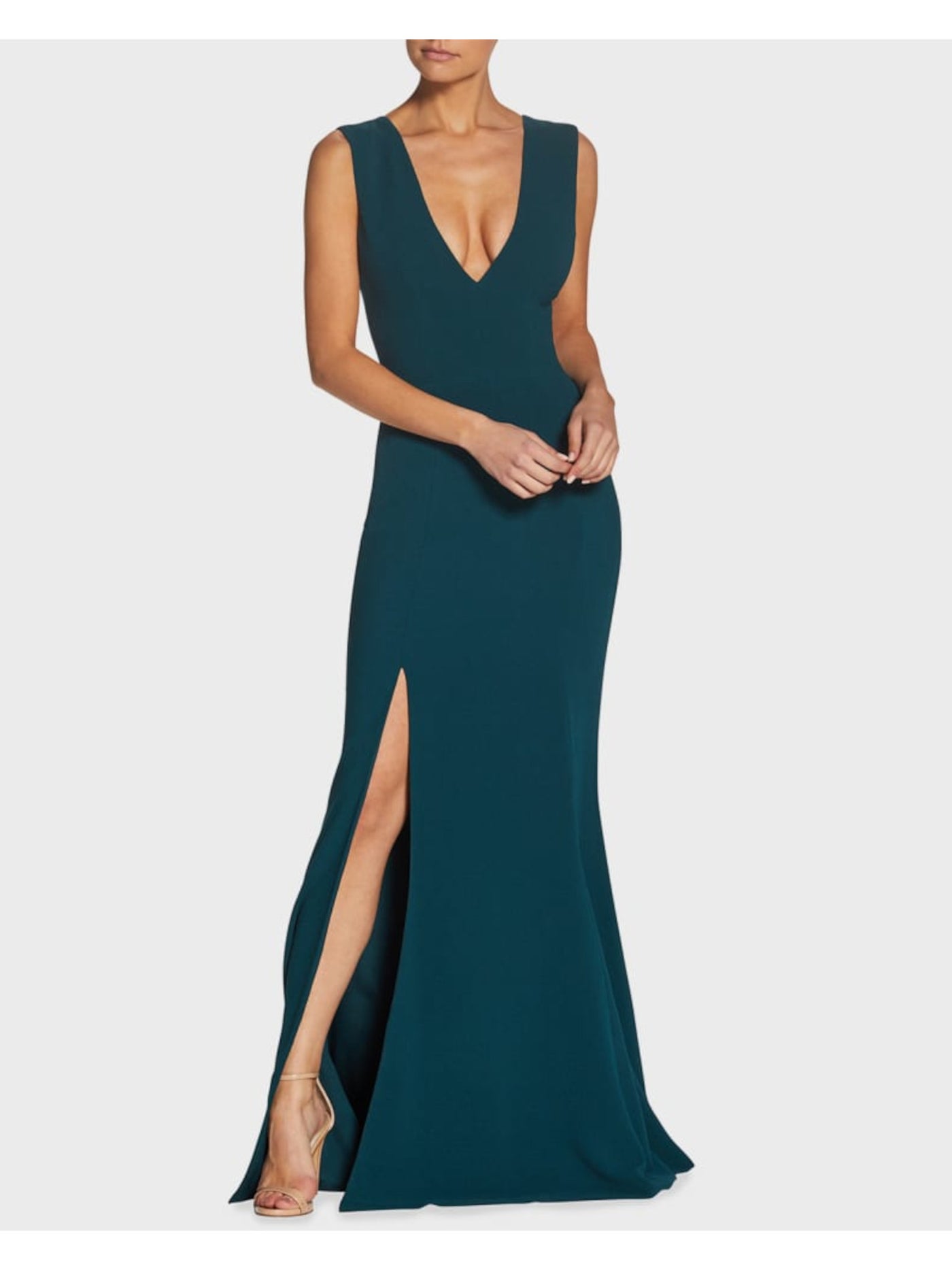 DRESS THE POPULATION Womens Green Stretch Zippered High Leg Slit Lined Sleeveless V Neck Full-Length Formal Gown Dress XS