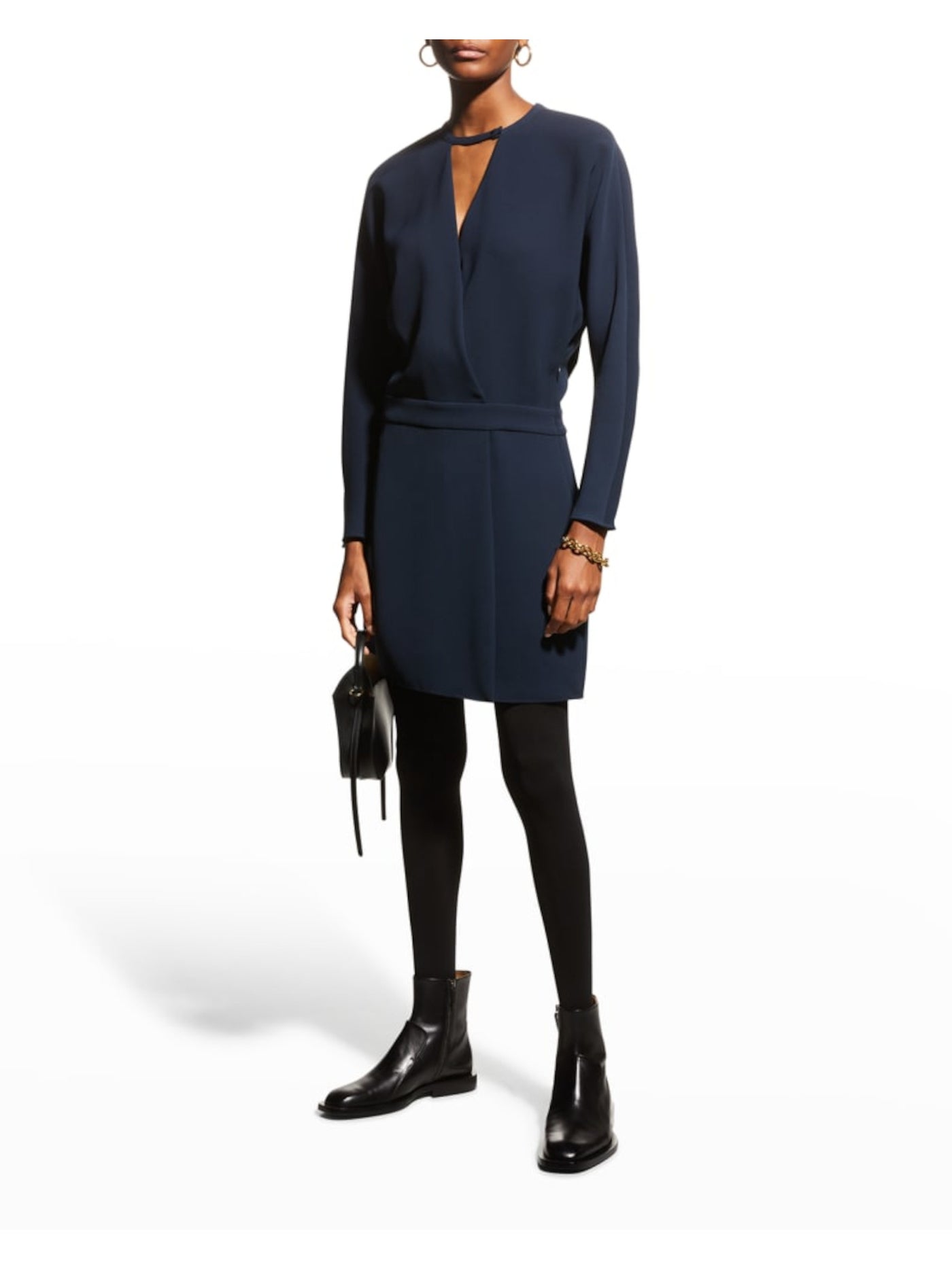 EMPORIO ARMANI Womens Navy Zippered Button Neckline Pleated Back Long Sleeve Surplice Neckline Short Party Faux Wrap Dress 42