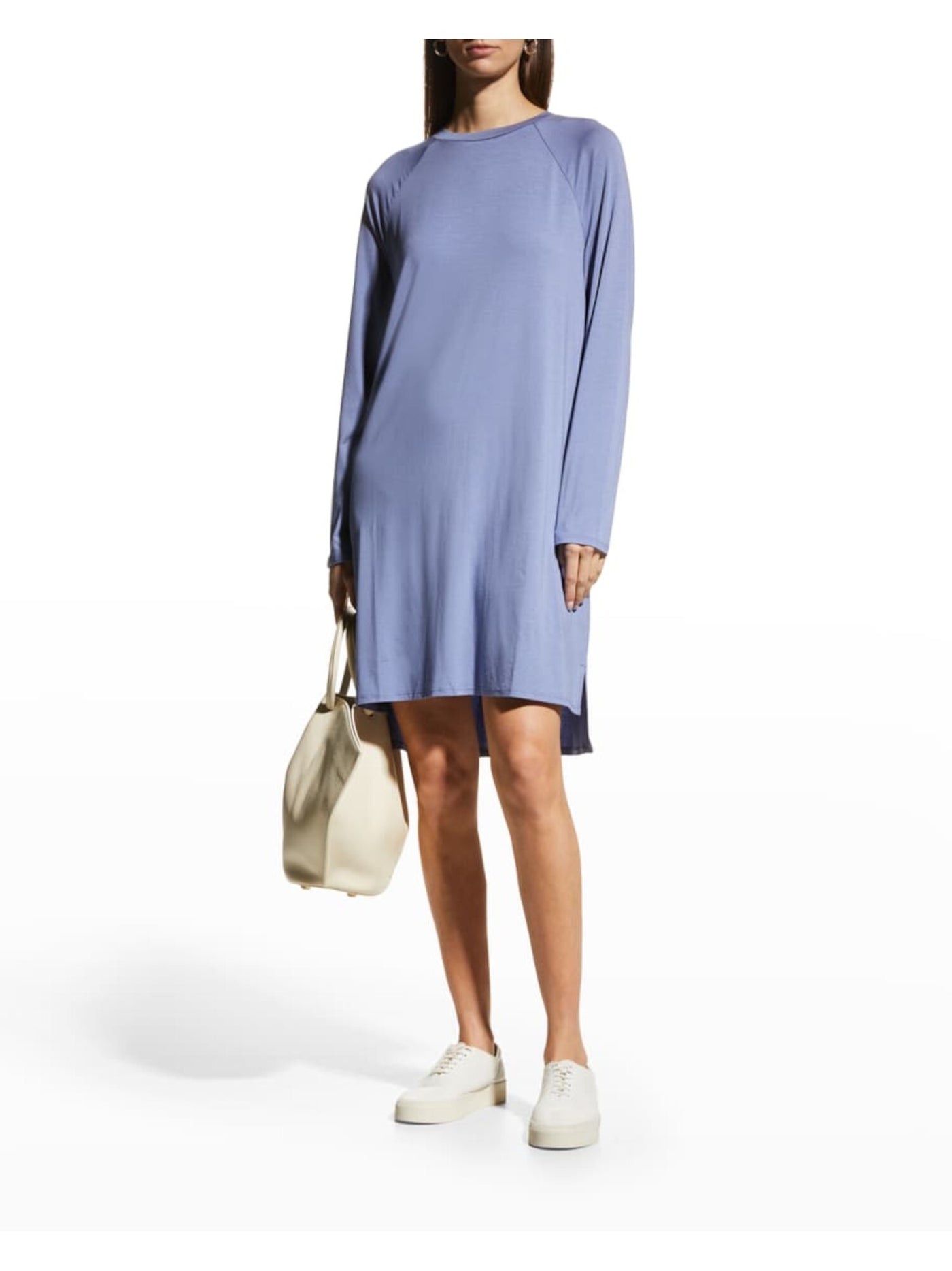 EILEEN FISHER Womens Light Blue Stretch Raglan Sleeve Crew Neck Above The Knee Shift Dress L