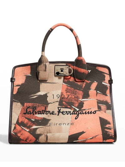 SALVATORE FERRAGAMO Women's Beige Feet Printed Leather Removable Pouch Top Handle Strap Tote Handbag Purse