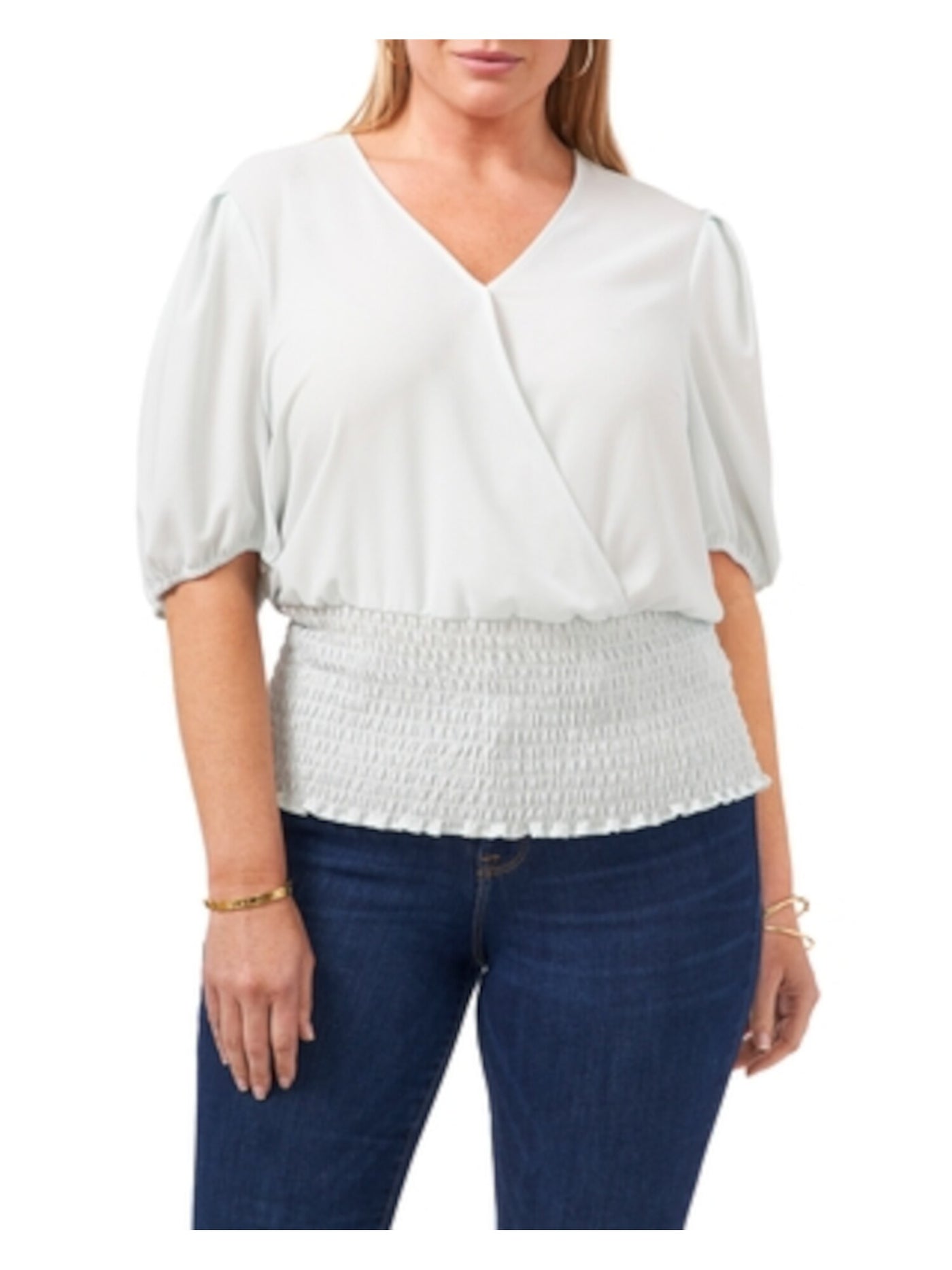 1. STATE Womens White Gathered Short Sleeve V Neck Top Size: S