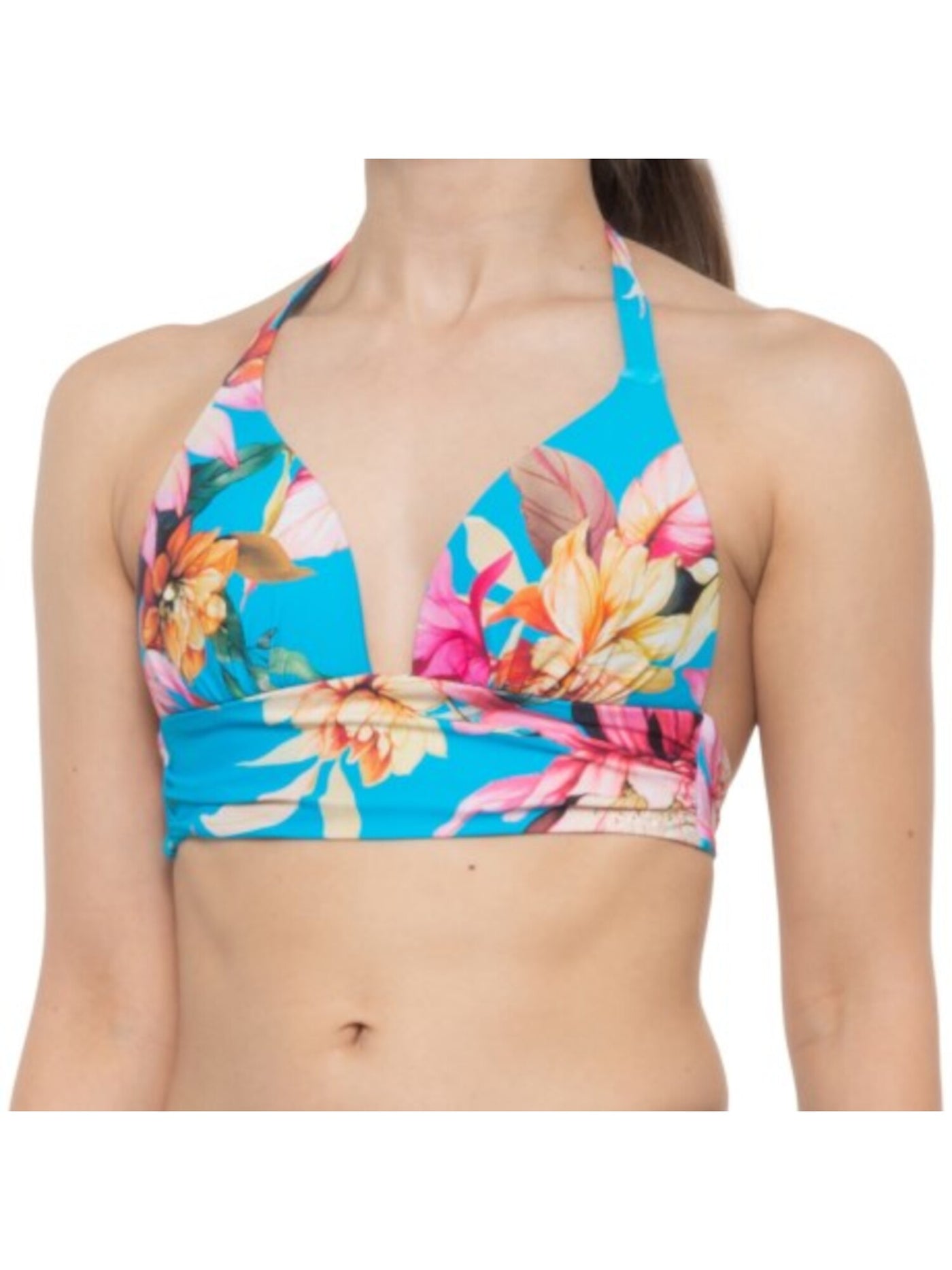 LA BLANCA Women's Blue Tropical Print Shirring Tie Sweetheart Molded Cup Halter Swimsuit Top 16