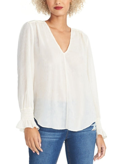 RACHEL ROY Womens Ivory Glitter Sheer Long Sleeve V Neck Blouse M