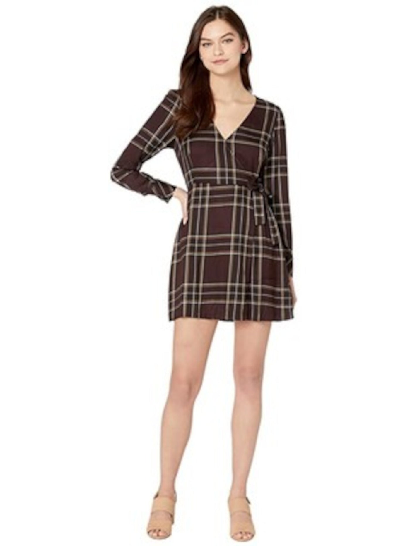 SANCTUARY Womens Brown Belted Plaid Long Sleeve V Neck Mini Wrap Dress 8