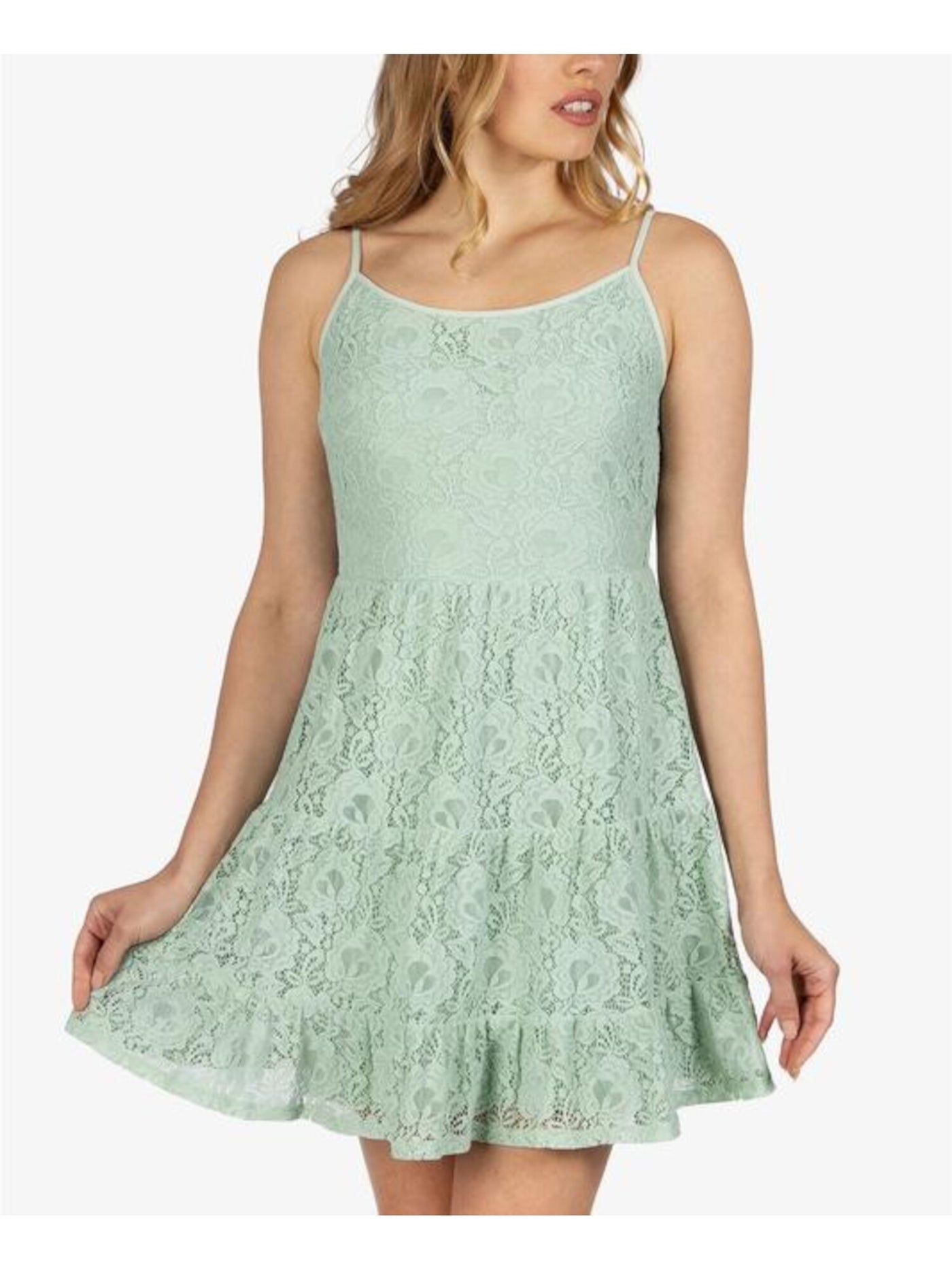 SPEECHLESS Womens Green Stretch Lace Tiered Floral Spaghetti Strap Scoop Neck Short Baby Doll Dress XL