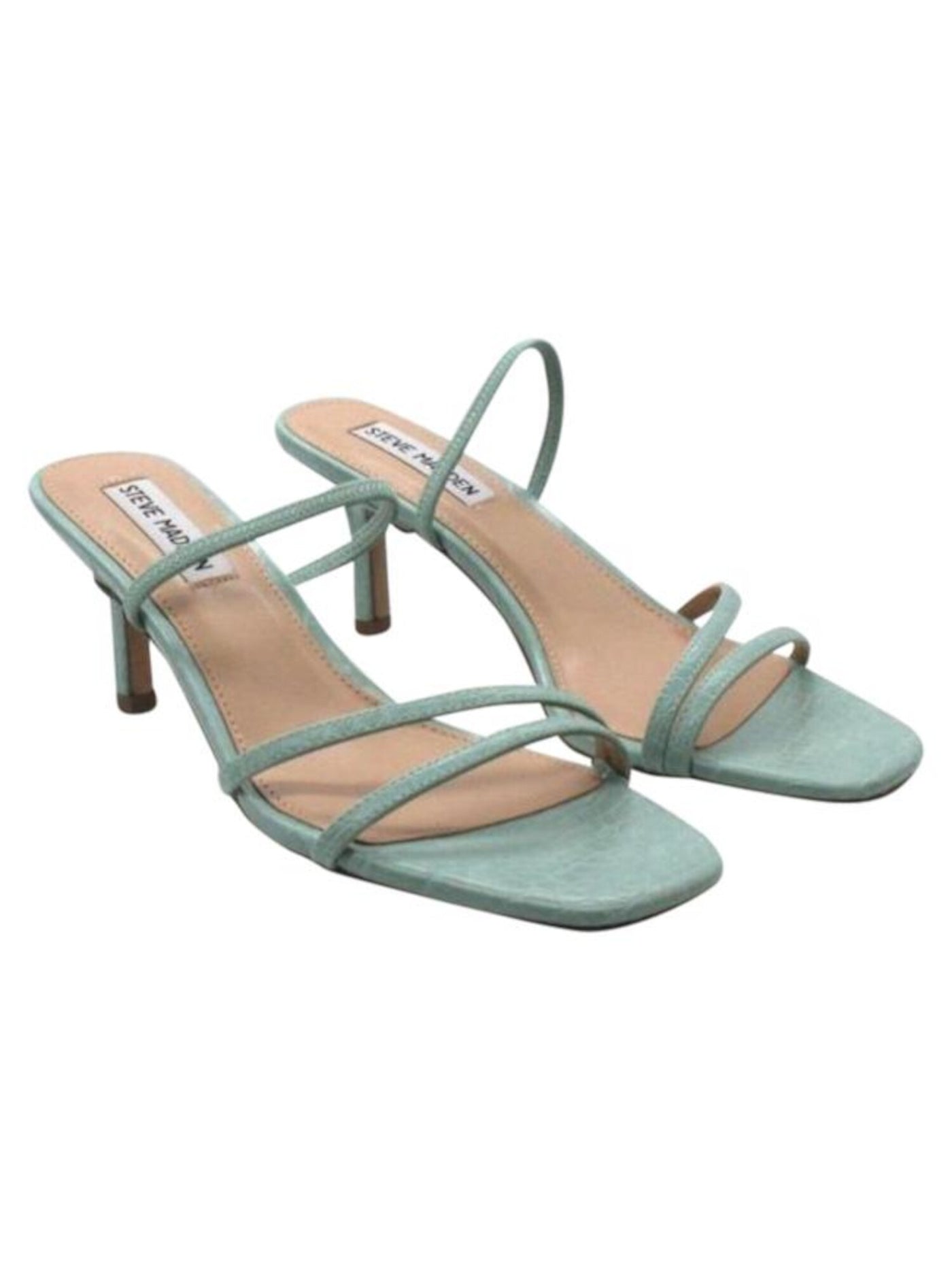 STEVE MADDEN Womens Turquoise Geometric Padded Strappy Stretch Loft Square Toe Kitten Heel Slip On Sandals Shoes 9.5 M