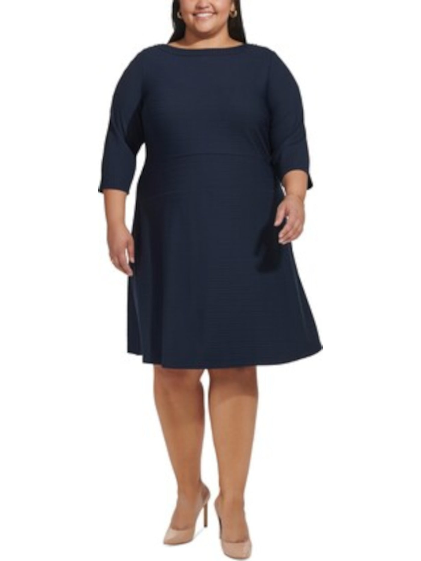 TOMMY HILFIGER Womens Navy Knit Textured Zippered Button Accents 3/4 Sleeve Boat Neck Knee Length Wear To Work Fit + Flare Dress Plus 14W