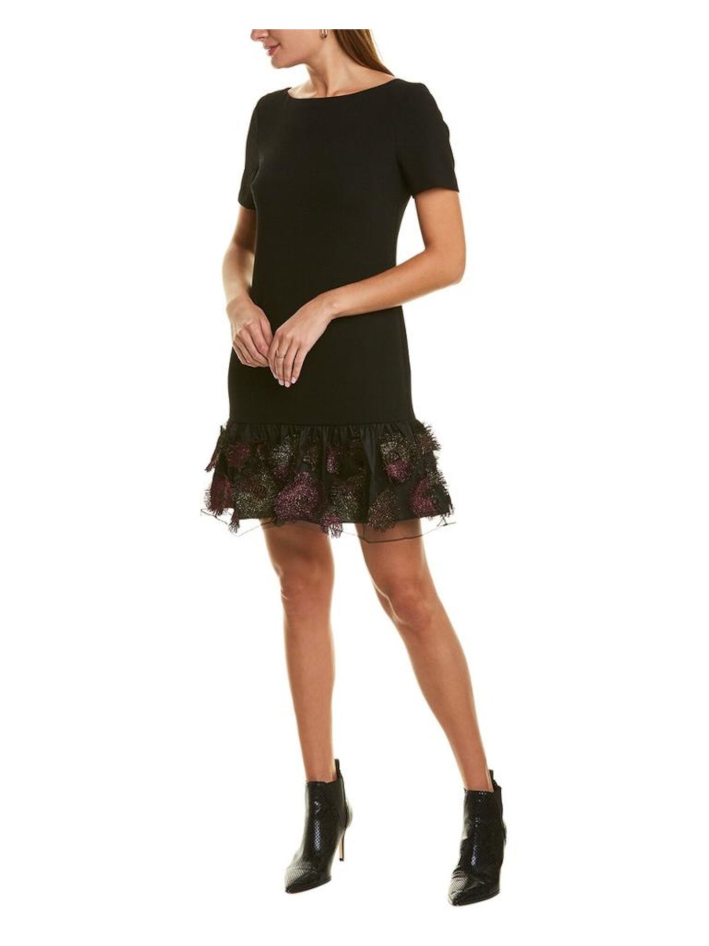 TRINA TURK Womens Sheer Shimmering Short Sleeve Jewel Neck Short Party Fit + Flare Dress