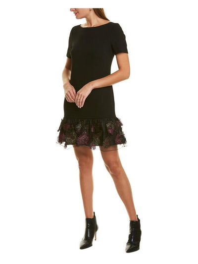 TRINA TURK Womens Sheer Shimmering Short Sleeve Jewel Neck Short Party Fit + Flare Dress