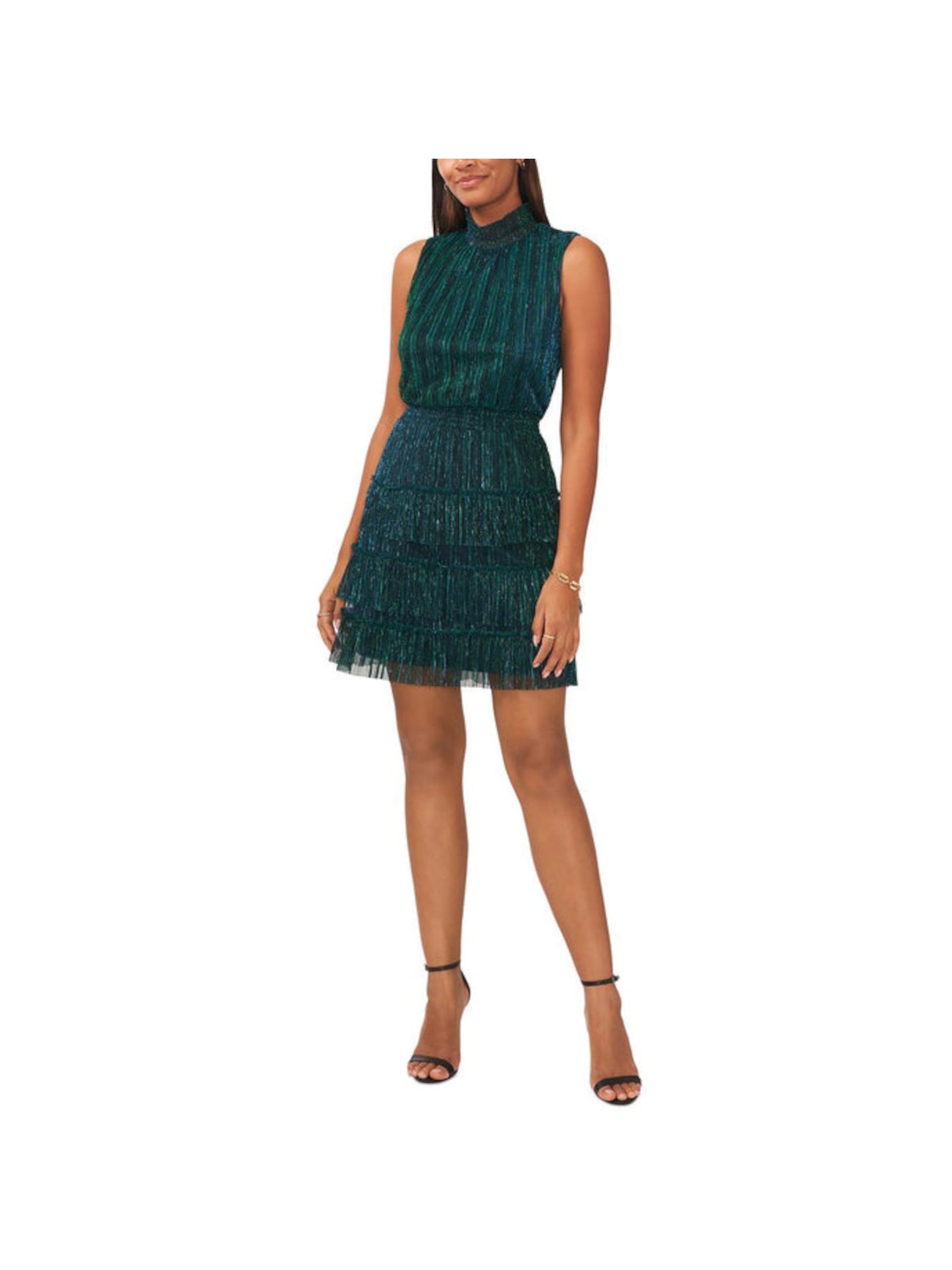 MSK Womens Green Unlined Keyhole Back Smocked Neck Waist Sleeveless Mock Neck Short Party Fit + Flare Dress L