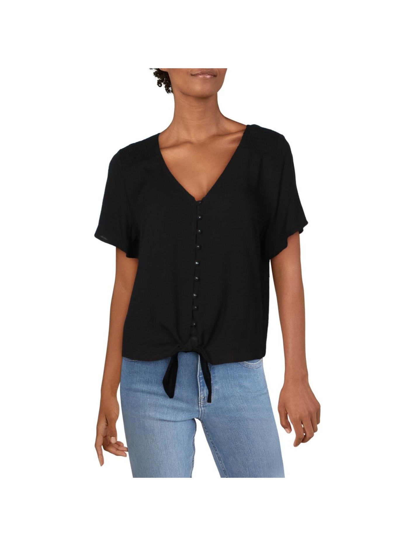 ULTRA FLIRT Womens Black Smocked Tie Front Flutter Sleeve Button Up Top M