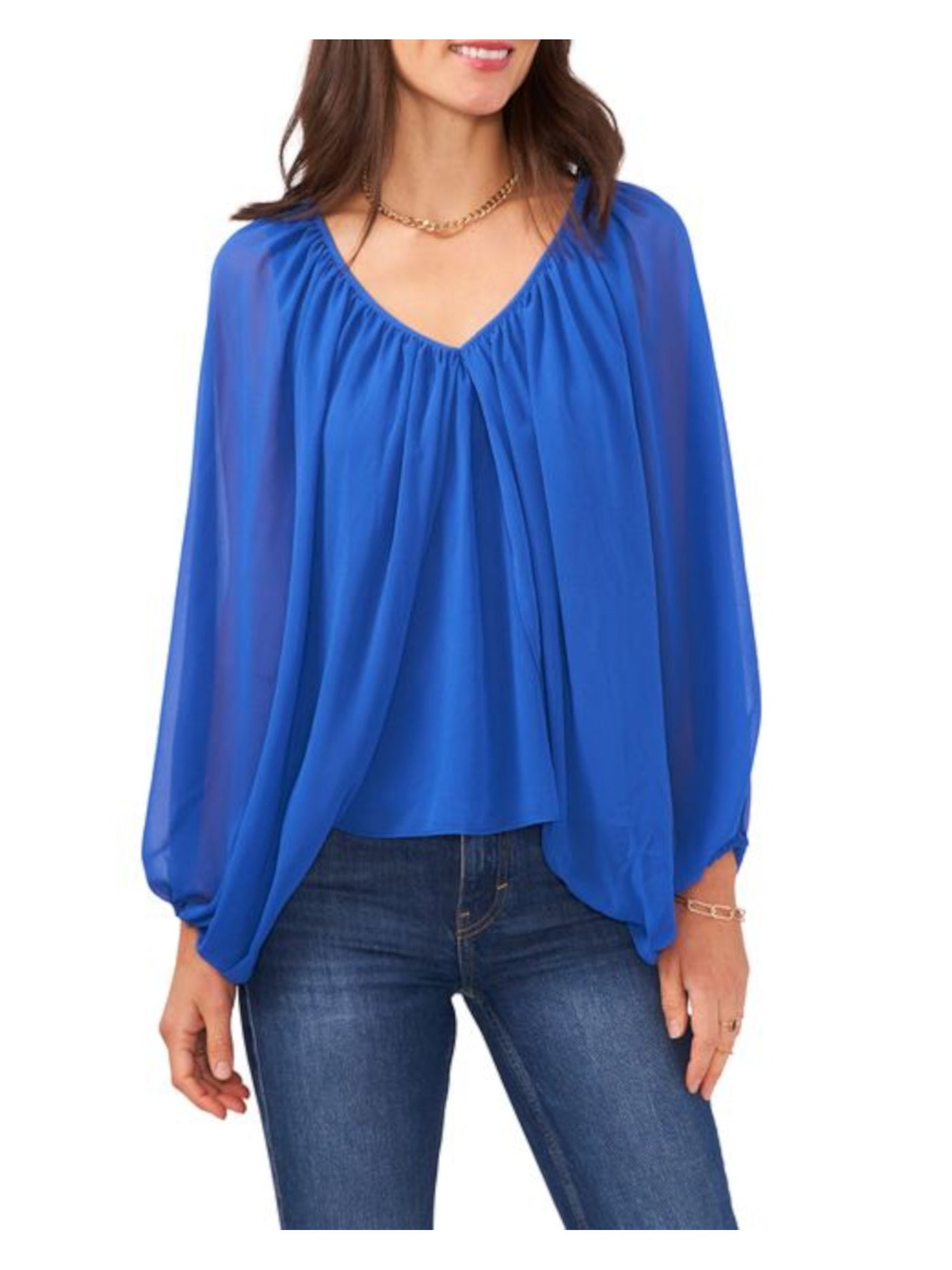 VINCE CAMUTO Womens Blue Sheer Cape Like Long Sleeves V Neck Top S