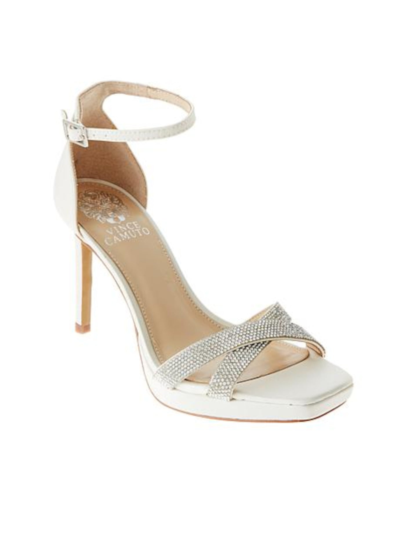 VINCE CAMUTO Womens Ivory Crossover Crystal Ankle Strap Embellished Kalvira Square Toe Stiletto Buckle Dress Heeled Sandal 6 M