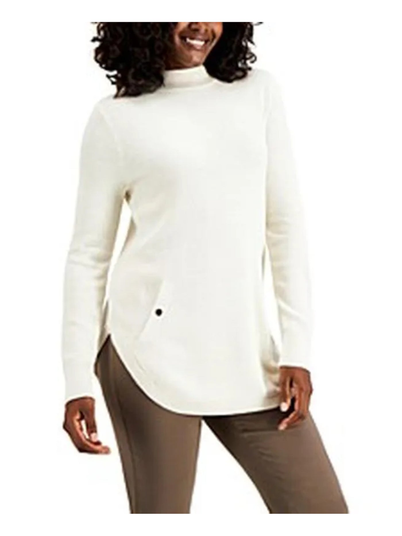 JM COLLECTION Womens Ivory Textured Buttoned Faux Pockets Curved Hem Long Sleeve Mock Neck Wear To Work Sweater S