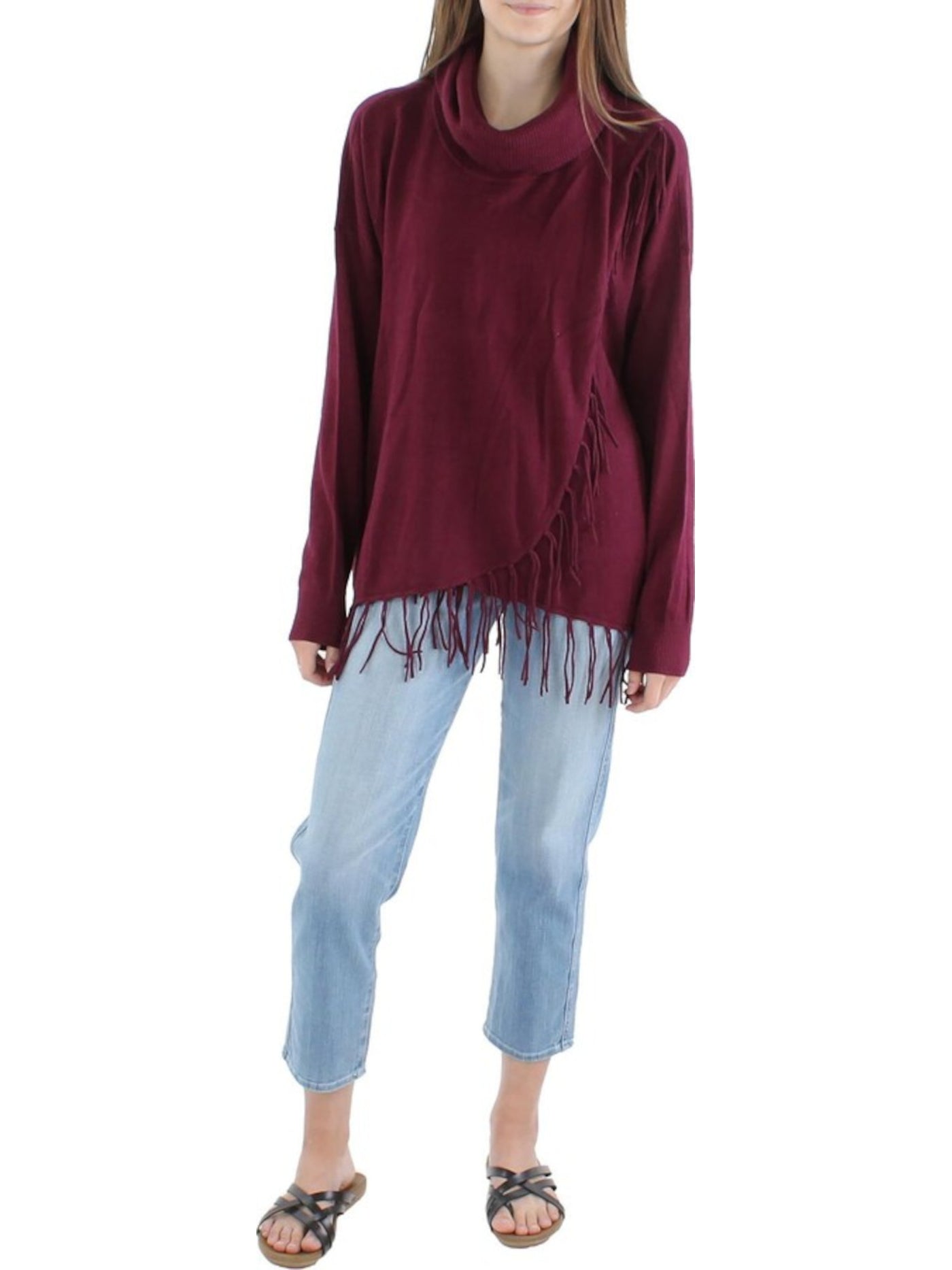 MICHAEL MICHAEL KORS Womens Burgundy Fringed Ribbed Trim Long Sleeve Turtle Neck Sweater XS