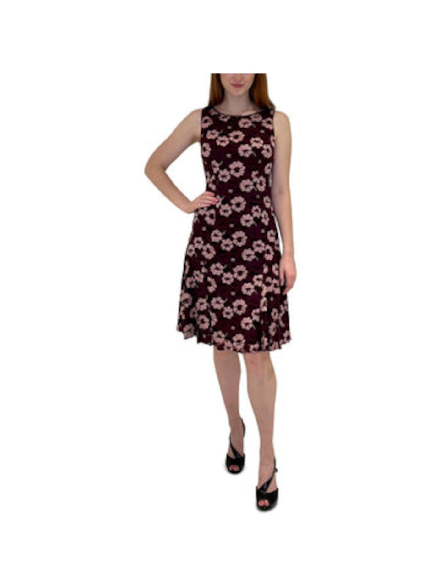 ADRIANNA PAPELL Womens Burgundy Lace Zippered Fitted Godets Lined Floral Sleeveless Jewel Neck Above The Knee Party Fit + Flare Dress 6