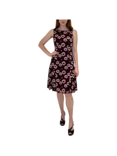 ADRIANNA PAPELL Womens Burgundy Lace Zippered Fitted Godets Lined Floral Sleeveless Jewel Neck Above The Knee Party Fit + Flare Dress 6