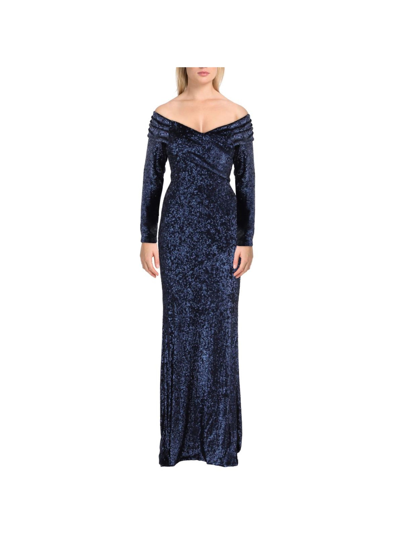 DONNA KARAN NEW YORK Womens Navy Sequined Pleated Lined Crossover Long Sleeve Off Shoulder Full-Length Evening Gown Dress 6