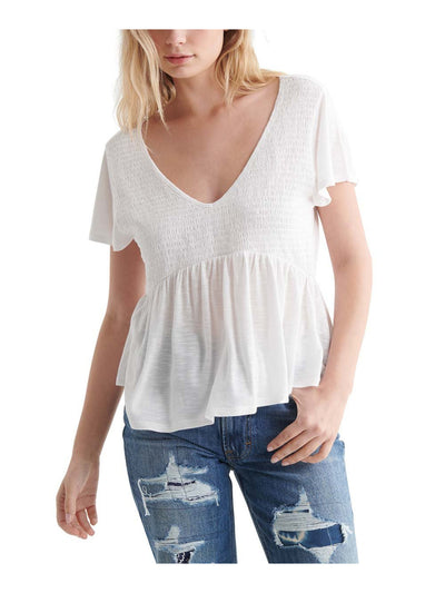 LUCKY BRAND Womens White Smocked Flutter Sleeve V Neck Baby Doll Top S