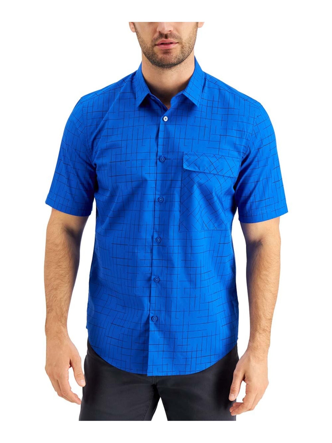 ALFANI Mens Blue Short Sleeve Classic Fit Button Down Cotton Casual Shirt S